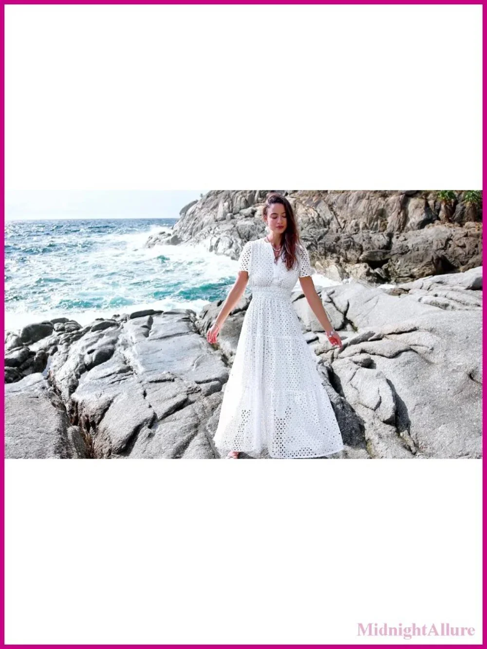 Women's Eyelet Maxi Dress Boho Smocked Waist Short Sleeve V Neck A-Line Flow